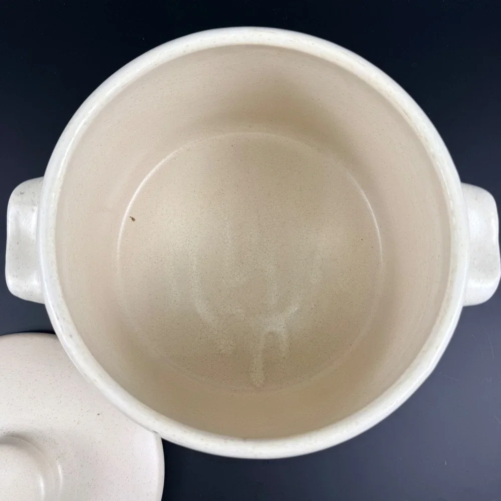West Bend Stoneware Bean Pot MCM Fork & Spoon Pattern Crock with Lid
